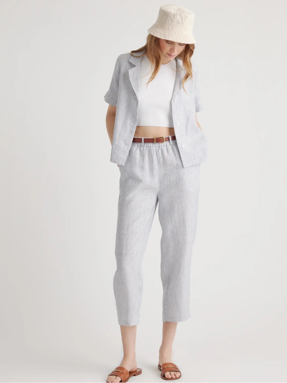 Quince 100% European Linen Pants in Blue Pinstripe